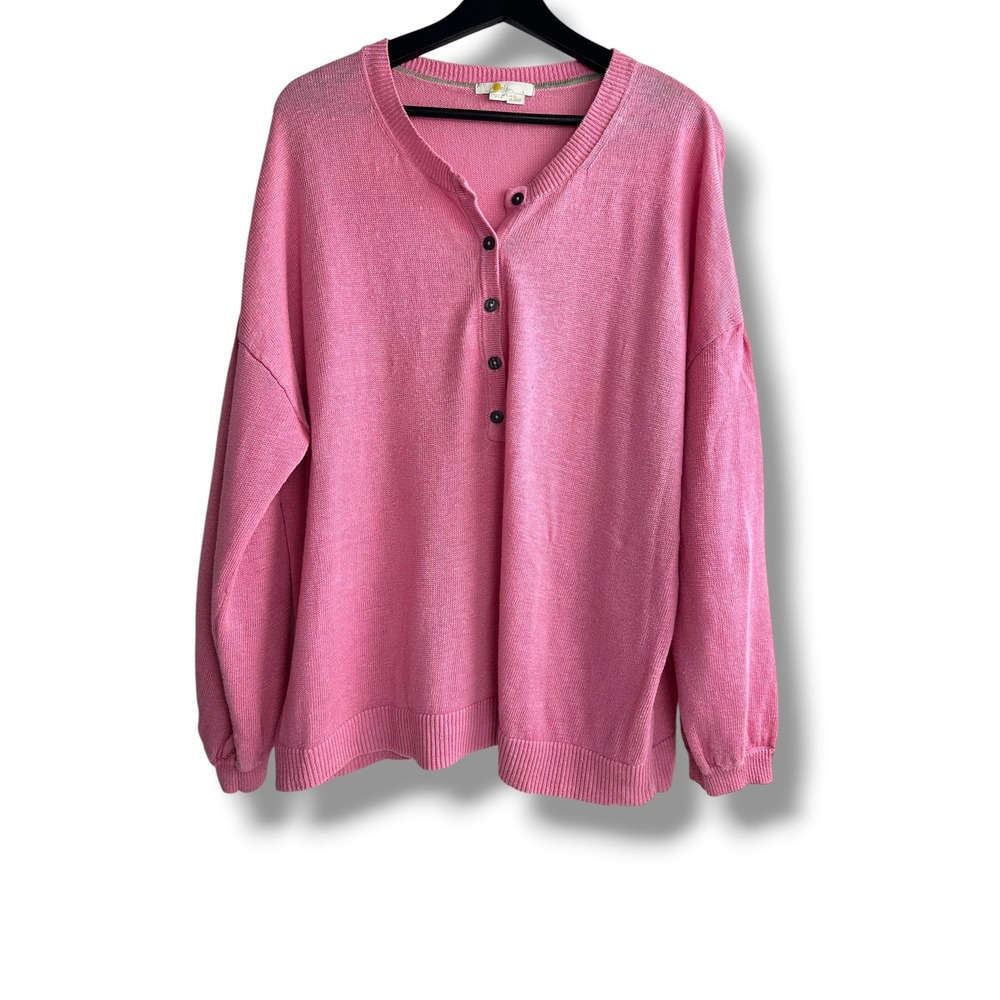 Boden Pink 100% Linen Henley Sweater Womens US 20/22 K0557 Relaxed Knit